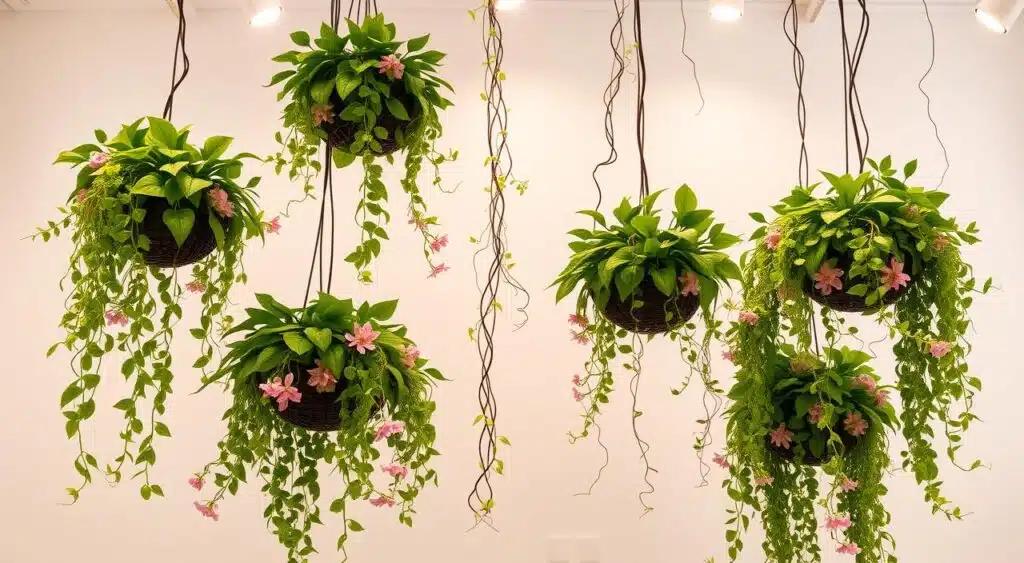 Arranjos suspensos na decoração de banheiro.
