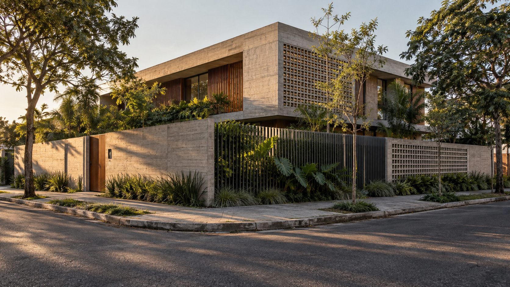 Fachadas de casas de esquina: 12 ideias e decisões de projeto 5 Casa de esquina em concreto, madeira e cobogós com fechamento que equilibra privacidade e transparência