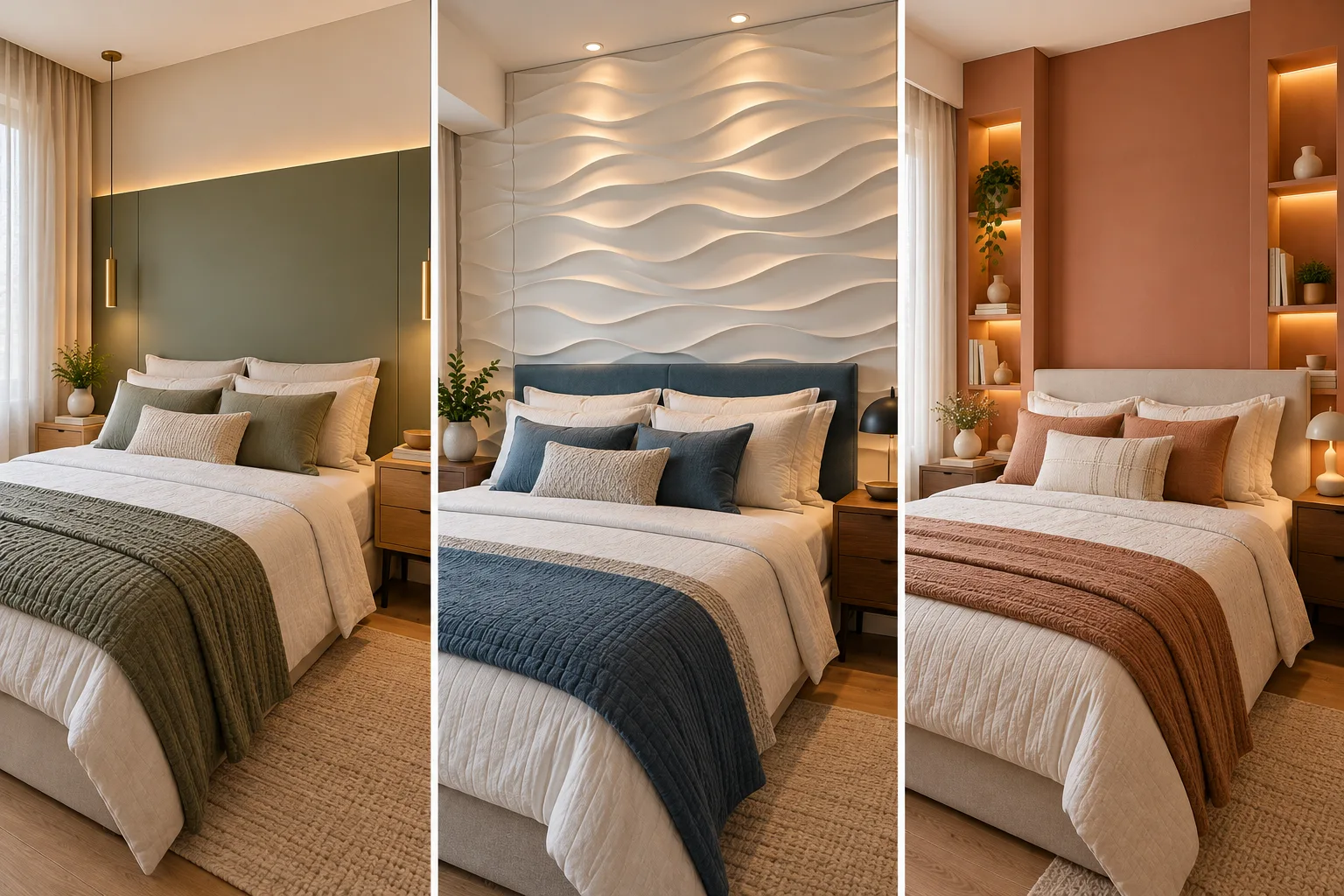 Cabeceira de gesso: modelos, iluminação e ideias para o quarto 1 Comparação de três cabeceiras de gesso: painel liso de drywall, revestimento 3D e estrutura com nichos, incluindo apoio estofado na cama.