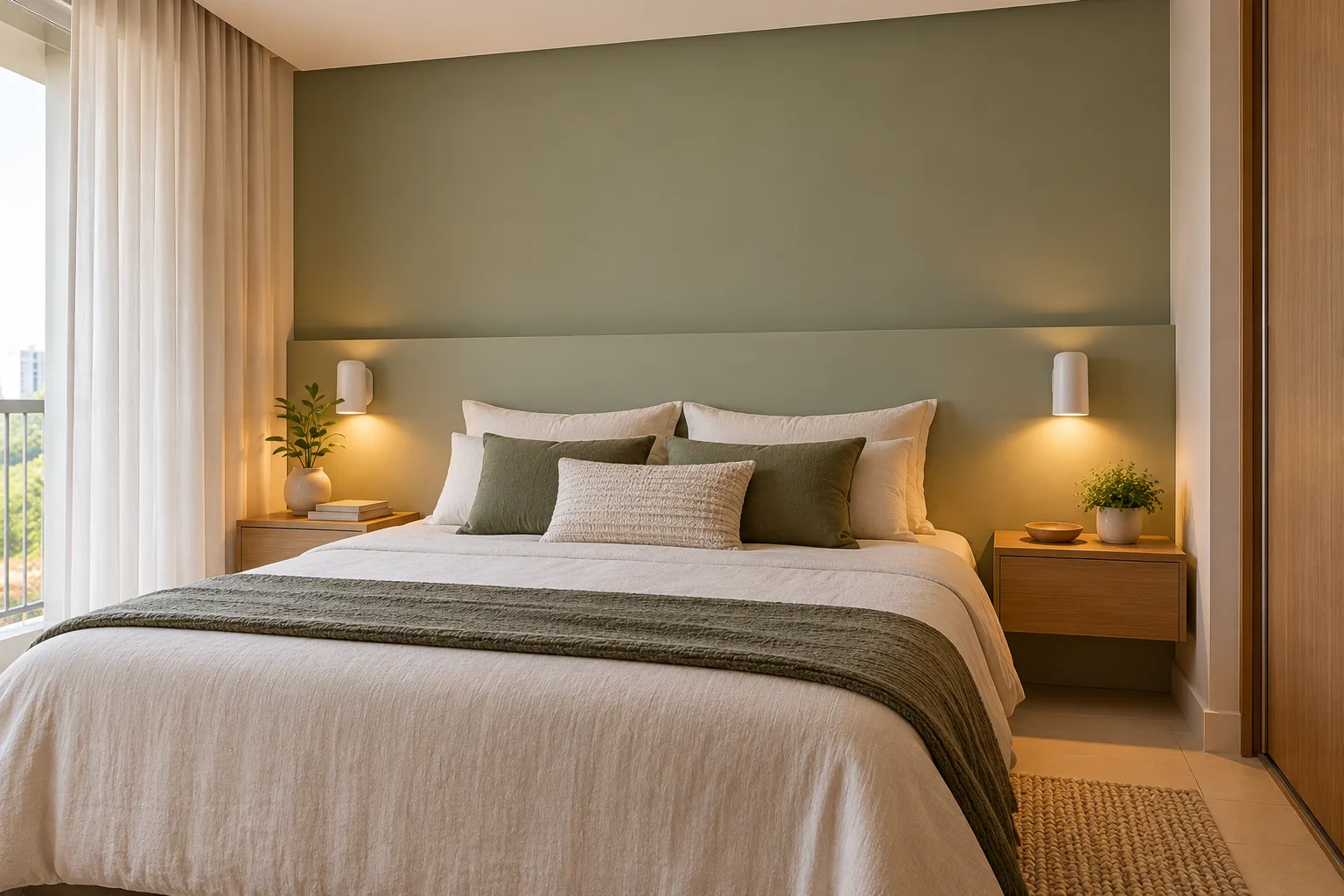 Cabeceira de gesso: modelos, iluminação e ideias para o quarto 2 Quarto pequeno com painel de drywall liso verde-sálvia atrás da cama e móveis de carvalho claro.