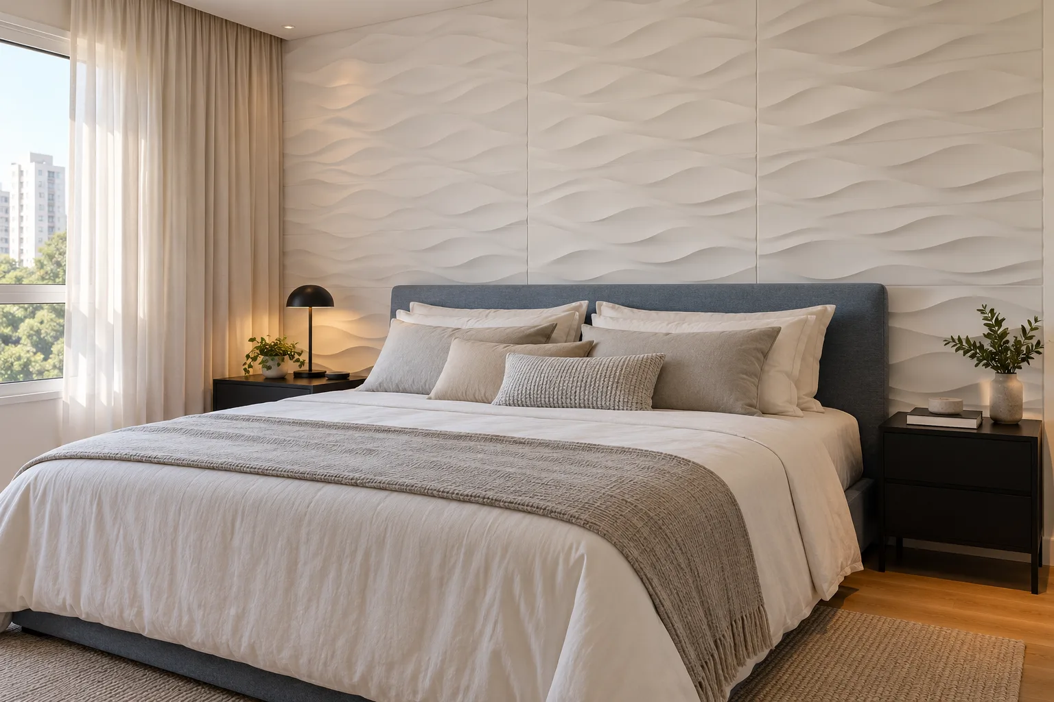 Cabeceira de gesso: modelos, iluminação e ideias para o quarto 3 Parede de cabeceira revestida com placas de gesso 3D de relevo geométrico suave em quarto contemporâneo.