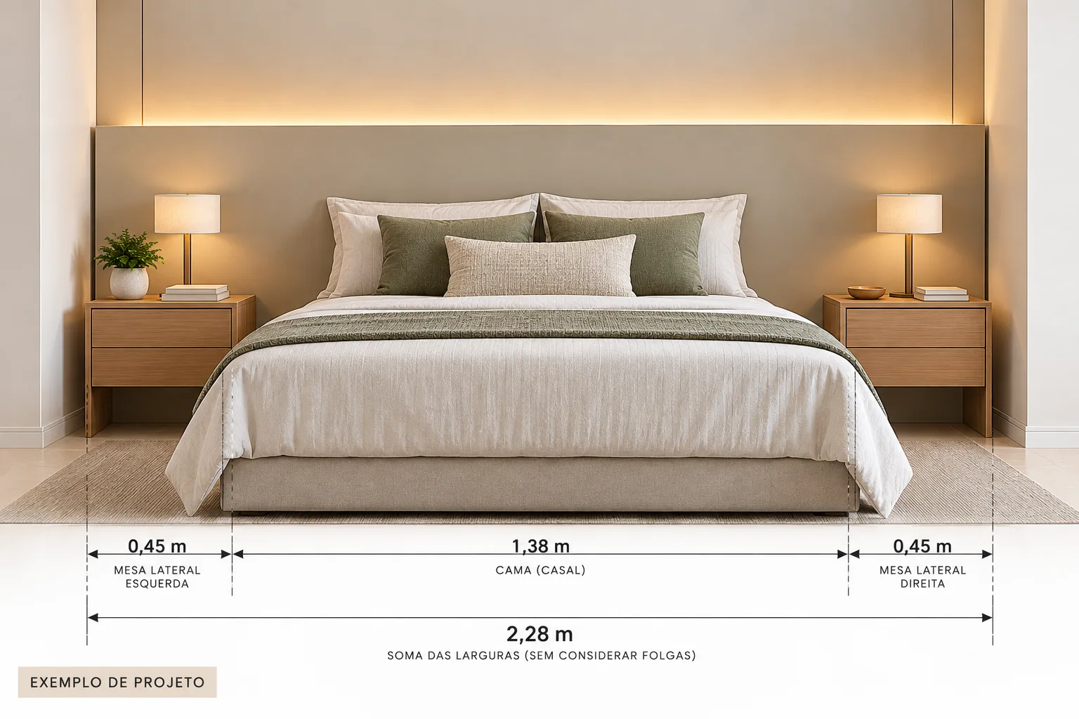 Cabeceira de gesso: modelos, iluminação e ideias para o quarto 7 Elevação ilustrativa de cabeceira de gesso com cama de casal e mesas laterais, mostrando proporções de um exemplo de projeto.