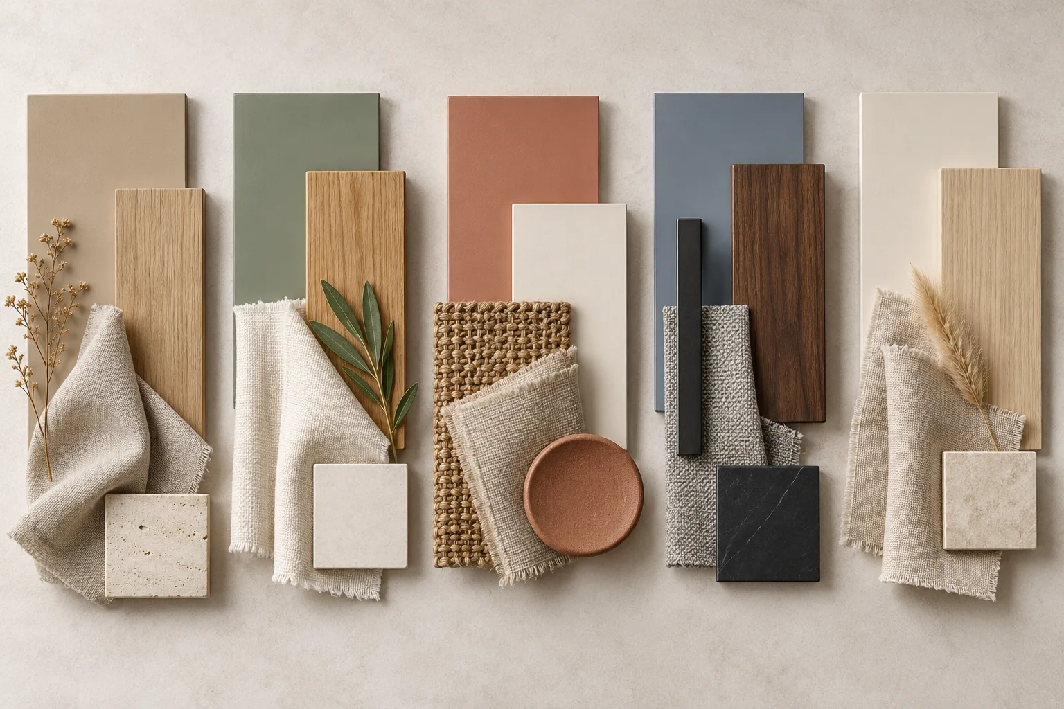 Cabeceira de gesso: modelos, iluminação e ideias para o quarto 9 Moodboard com cinco combinações de cores para cabeceira de gesso, incluindo areia, verde-sálvia, terracota, azul acinzentado e off-white.