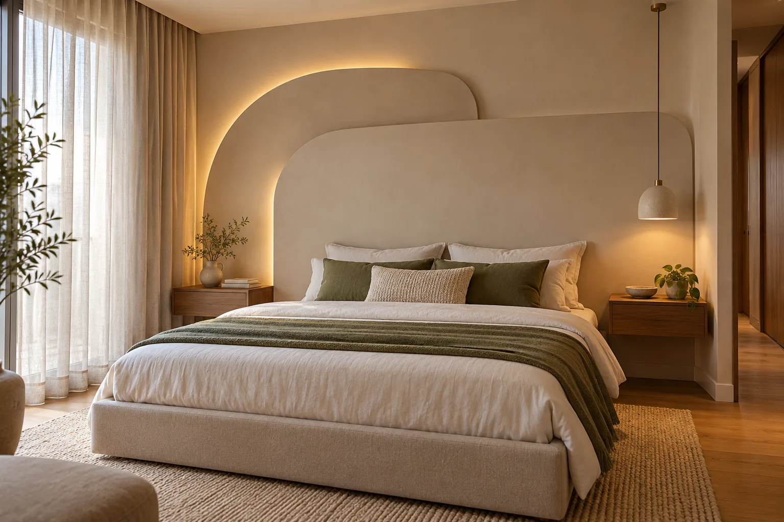 Cabeceira de gesso: modelos, iluminação e ideias para o quarto 11 Quarto de casal contemporâneo com cabeceira escultural de drywall em curvas suaves, iluminação indireta e móveis de nogueira.