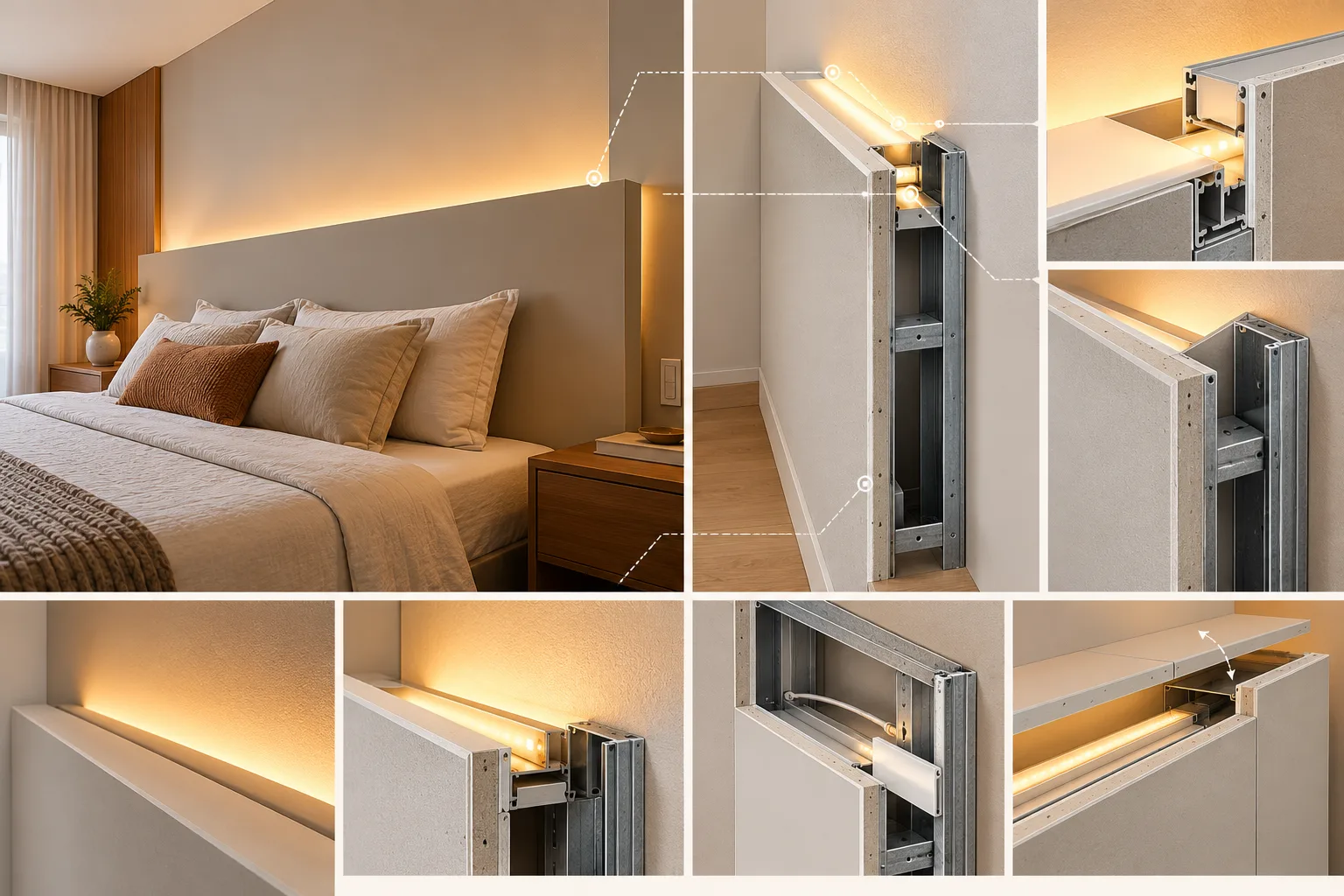 Cabeceira de gesso: modelos, iluminação e ideias para o quarto 6 Corte técnico ilustrativo de cabeceira de drywall com perfil de LED oculto, luz indireta e acesso para manutenção.