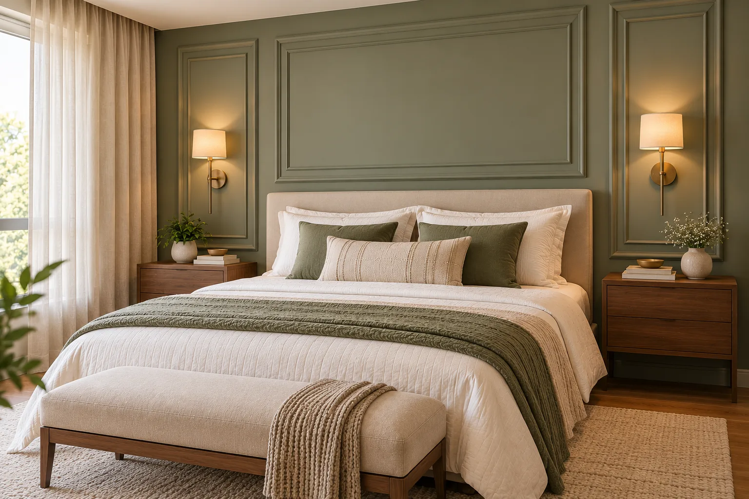 Cabeceira de gesso: modelos, iluminação e ideias para o quarto 5 Quarto clássico contemporâneo com molduras decorativas de gesso verde-sálvia na parede da cabeceira, cama estofada bege e arandelas de latão.