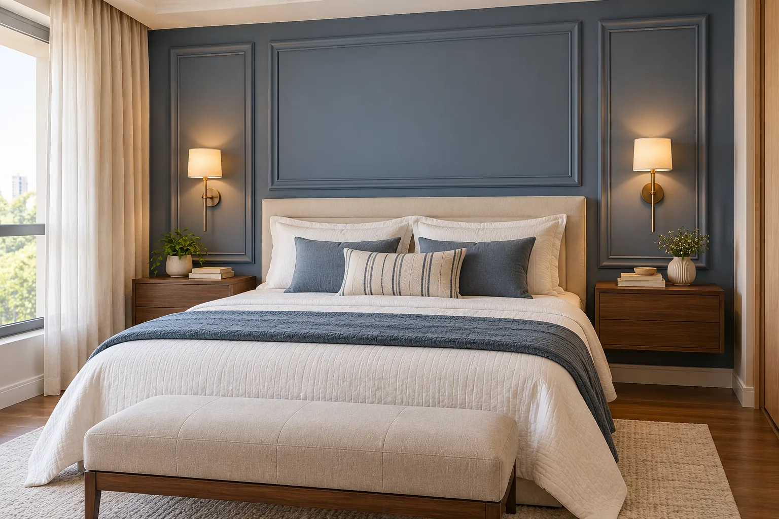 Cabeceira de gesso: modelos, iluminação e ideias para o quarto 10 Quarto clássico com molduras decorativas de gesso na parede azul acinzentada, cama estofada clara e arandelas de latão.