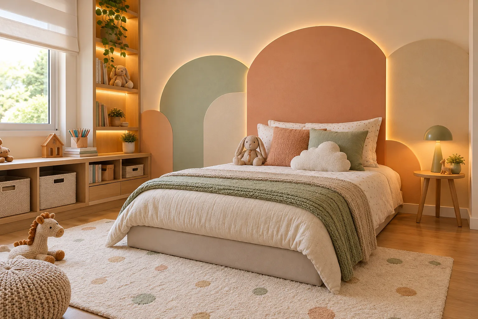 Cabeceira de gesso: modelos, iluminação e ideias para o quarto 12 Quarto infantil com composição de gesso em formas arredondadas, cores suaves e cama baixa sem objetos pesados suspensos.