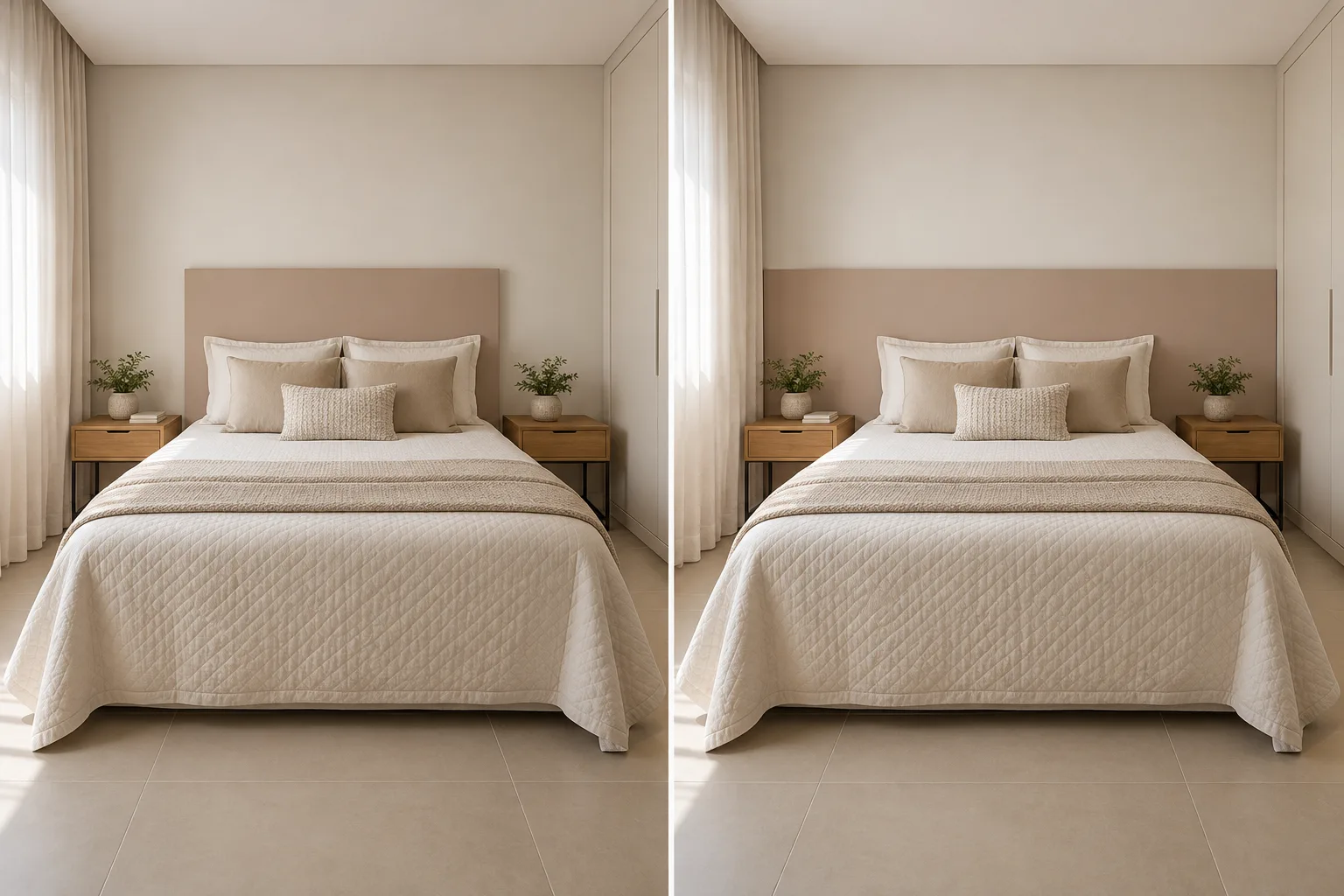 Cabeceira de gesso: modelos, iluminação e ideias para o quarto 8 Comparação da mesma parede de quarto pequeno com cabeceira de gesso limitada à cama e painel prolongado até as mesas laterais.