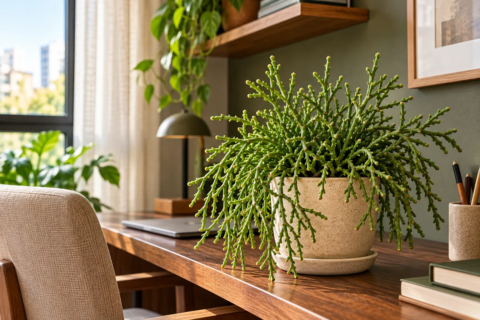 Cactos de sombra: 10 espécies e como cuidar dentro de casa 5 Cacto-coral com pequenos caules verdes cilíndricos e ramificados em vaso de cerâmica sobre mesa de escritório iluminada.
