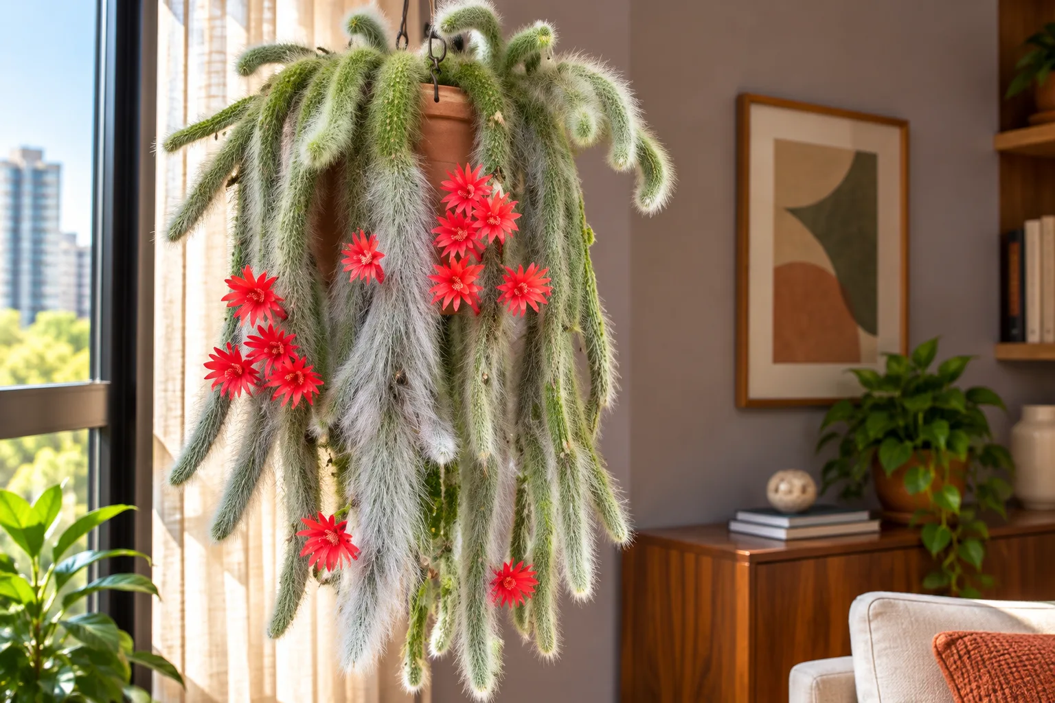 Cactos de sombra: 10 espécies e como cuidar dentro de casa 15 Cacto rabo-de-macaco com caules longos e pendentes, cobertos por espinhos claros e flores avermelhadas, em vaso suspenso numa varanda iluminada.