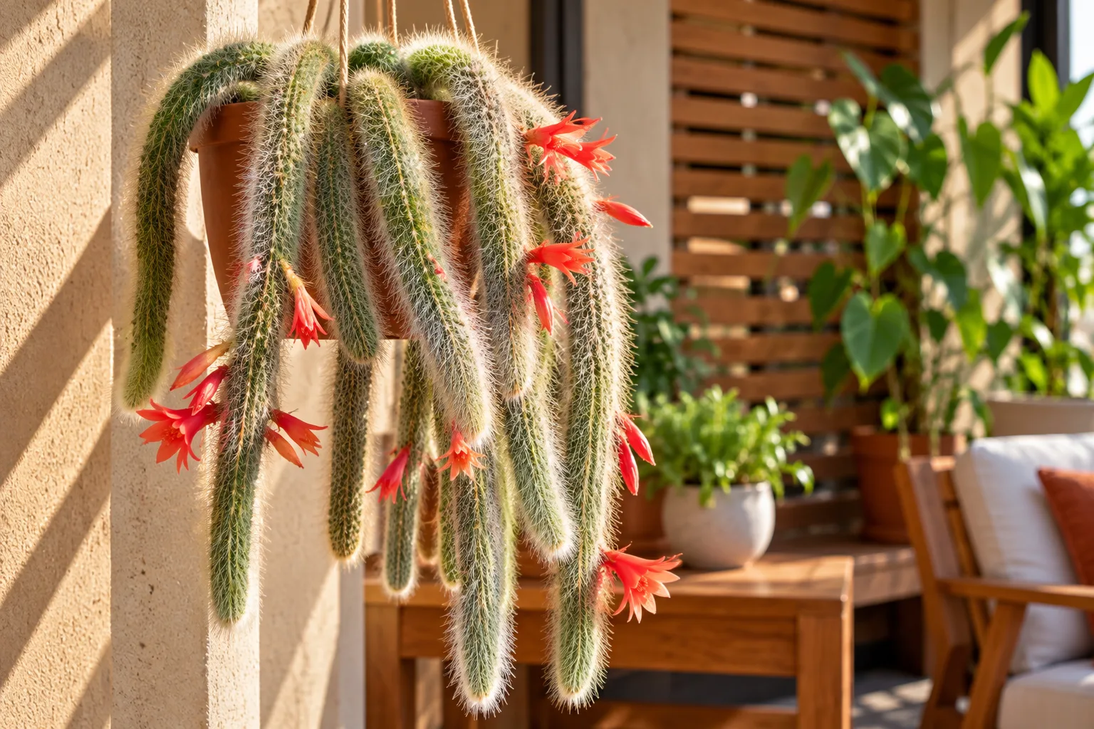 Cactos de sombra: 10 espécies e como cuidar dentro de casa 16 Cacto rabo-de-macaco com caules longos e pendentes, cobertos por espinhos claros e flores avermelhadas, em vaso suspenso numa varanda iluminada