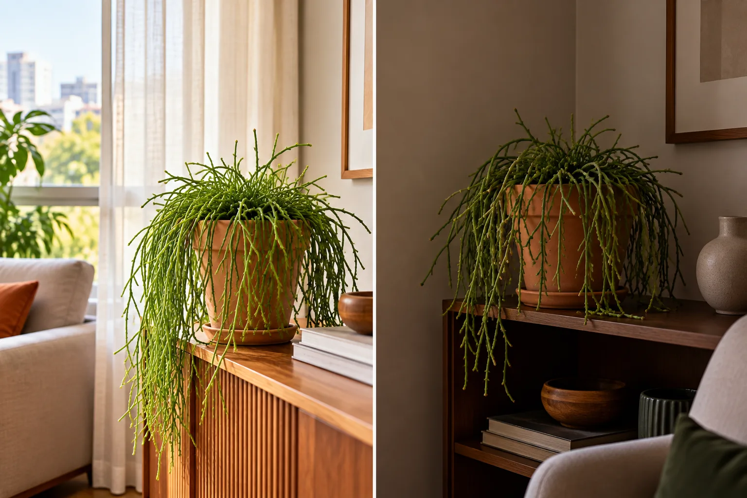 Cactos de sombra: 10 espécies e como cuidar dentro de casa 1 Comparação entre cacto de floresta próximo à janela com luz indireta intensa e outro em canto escuro de apartamento.