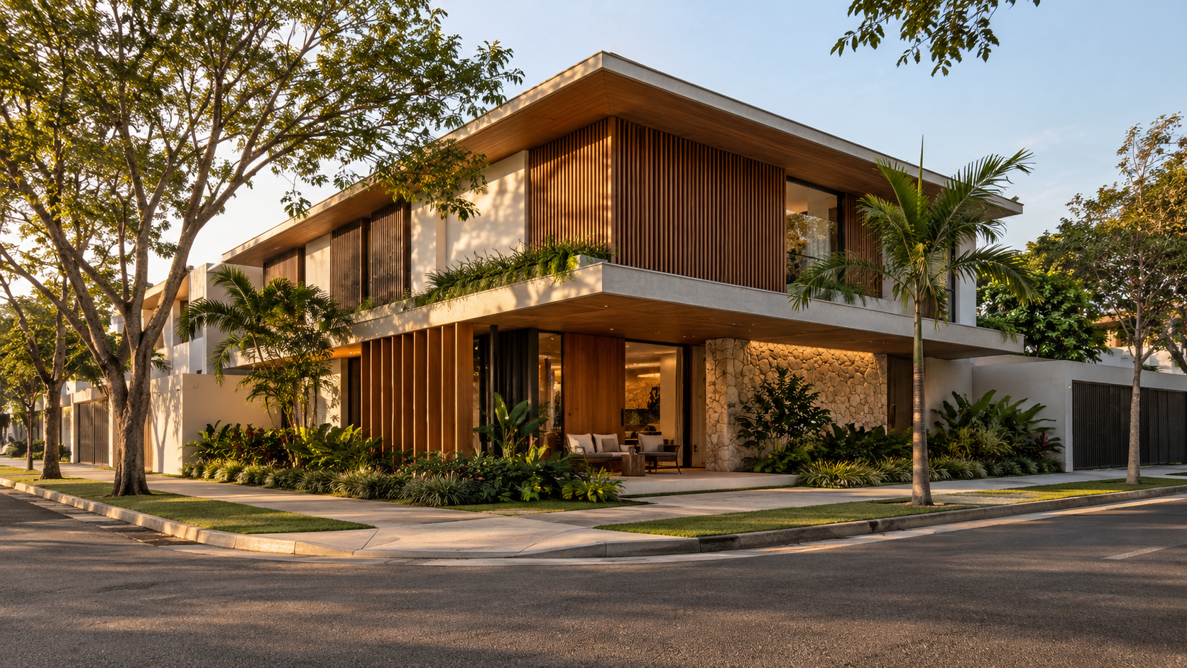 Fachadas de casas de esquina: 12 ideias e decisões de projeto 4 Casa de esquina de tijolo e concreto com garagem em uma rua e entrada social na outra