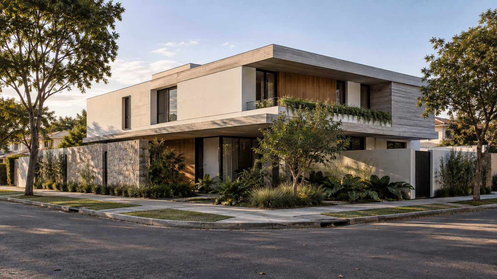Fachadas de casas de esquina: 12 ideias e decisões de projeto 1 Casa de esquina em estilo modernista brasileiro com concreto, madeira e duas fachadas integradas