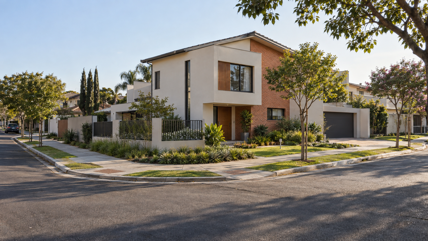 Fachadas de casas de esquina: 12 ideias e decisões de projeto 12 Casa de esquina implantada com jardins e recuos entre a construção e as duas calçadas