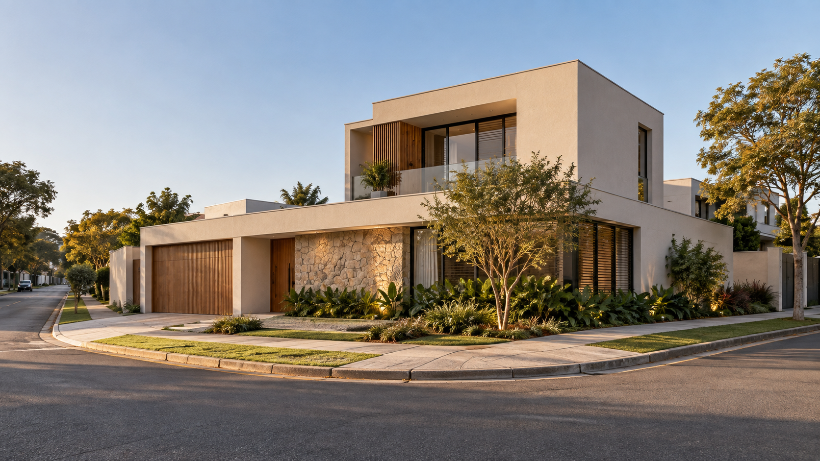 Fachadas de casas de esquina: 12 ideias e decisões de projeto 11 Casa de esquina contemporânea mostrando a leitura do térreo e do pavimento superior