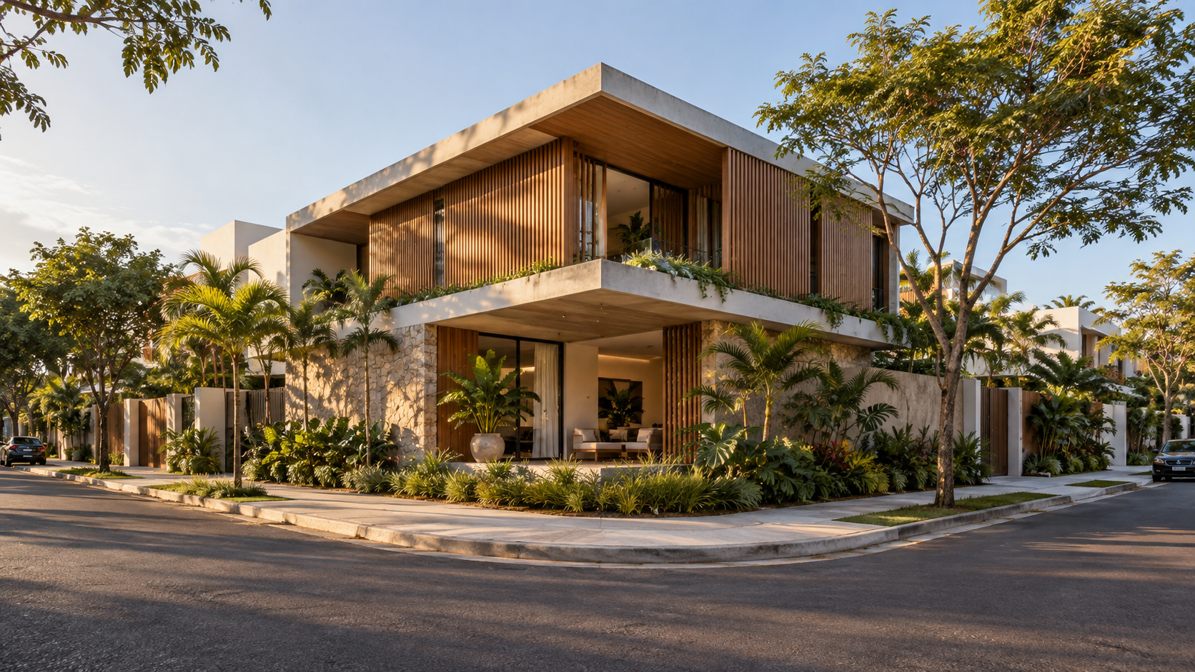 Fachadas de casas de esquina: 12 ideias e decisões de projeto 3 asa térrea de esquina com entrada principal destacada por jardim, pedra clara e madeira
