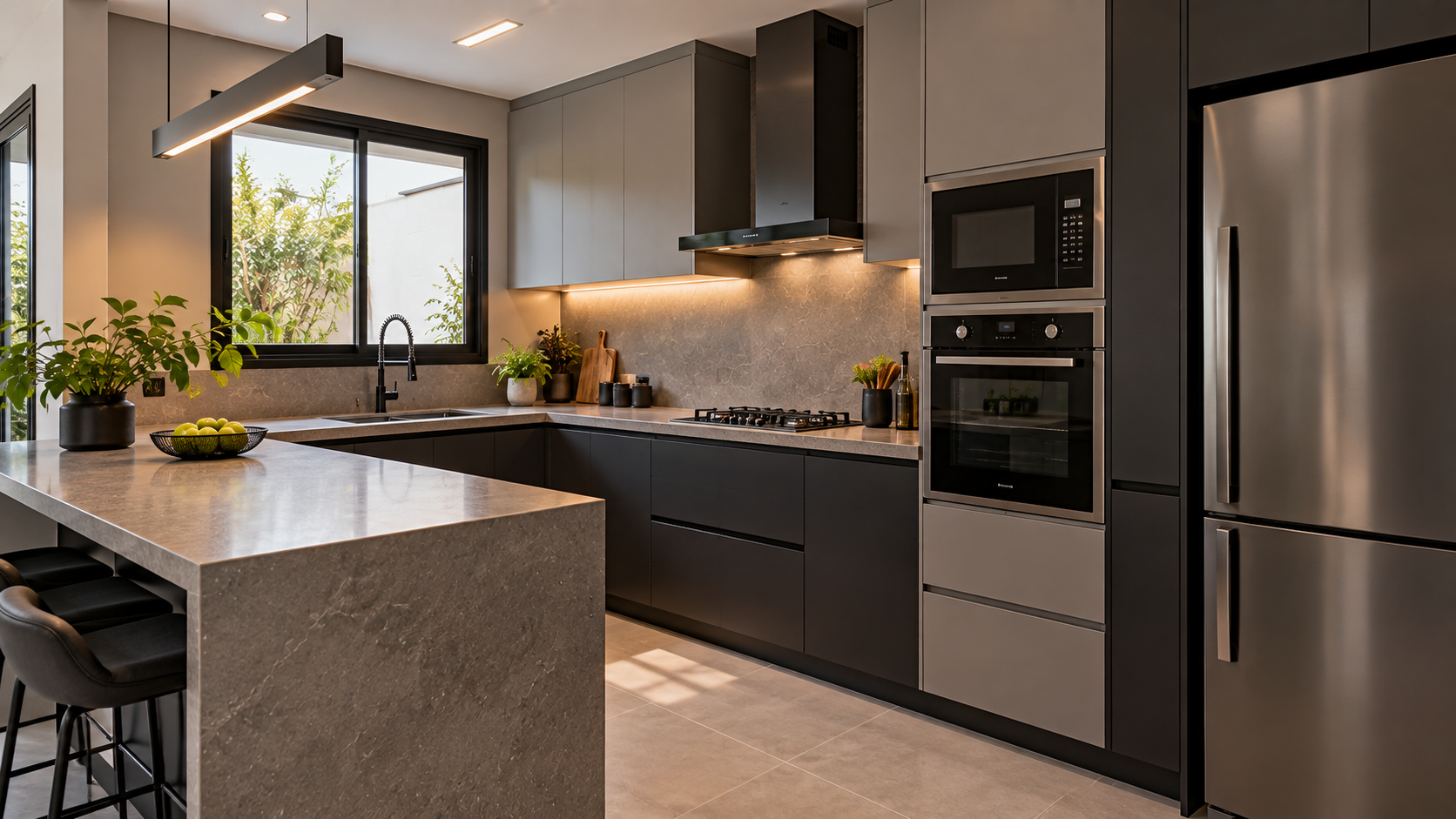 Cozinha preta e cinza com marcenaria planejada contemporânea