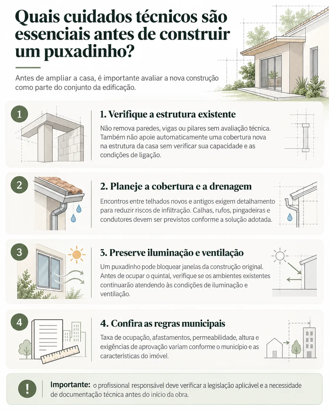8 ideias de puxadinho para ganhar mais espaço em casa 10 Infográfico com quatro cuidados antes de construir um puxadinho: avaliação da estrutura existente, planejamento da cobertura e drenagem, preservação da iluminação e ventilação e verificação das regras municipais.