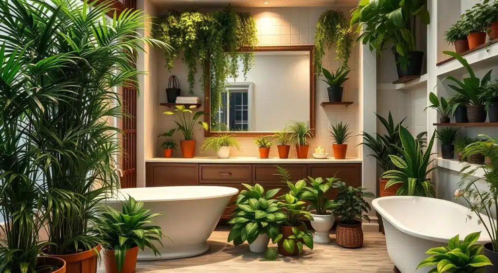 Decoração de banheiro com plantas artificiais.
