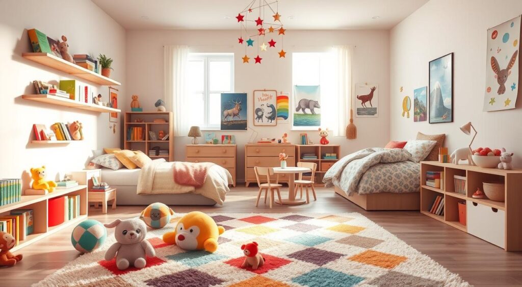 Transforme Seu Quarto em 2025: Dicas Surpreendentes e Inspirações que Você Não Pode Perder! 1 Decoração de quarto infantil que mistura conforto com elementos criativos para estimular a imaginação das crianças.