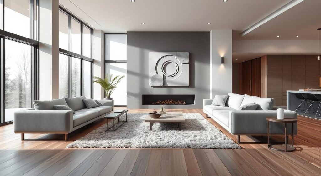 Transforme sua Sala: Segredos de Designers para uma Decoração Elegante em 2025! 10 Decoração moderna integrada com funcionalidade, apresentando opções de móveis versáteis.