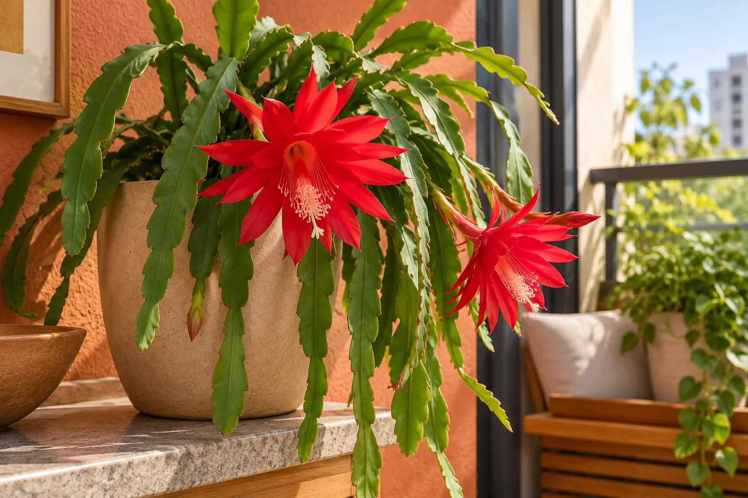 Cactos de sombra: 10 espécies e como cuidar dentro de casa 9 Disocactus ackermannii com flores grandes vermelhas e caules verdes achatados em vaso de cerâmica sobre bancada de varanda coberta.