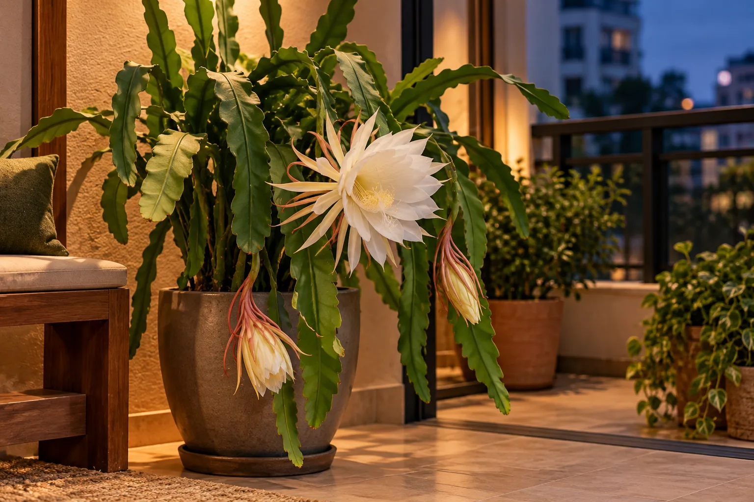 Cactos de sombra: 10 espécies e como cuidar dentro de casa 7 Cacto-orquídea com grande flor branca aberta e caules achatados em vaso de cerâmica na varanda coberta ao anoitecer.
