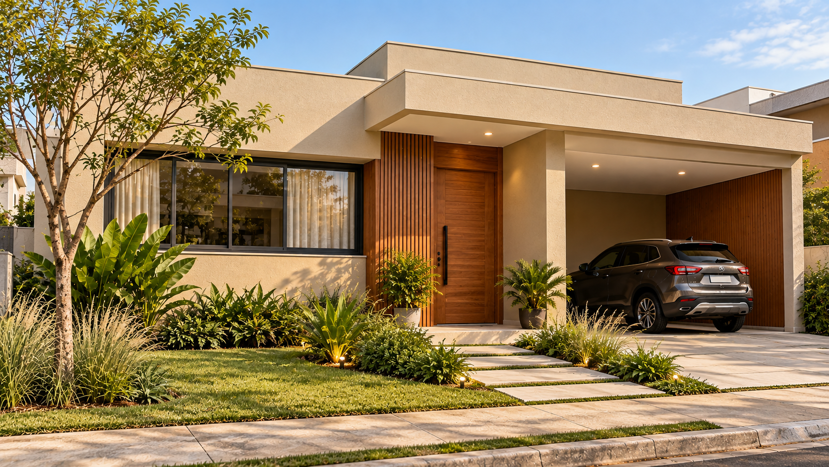 Fachadas em Tons Naturais: Como Combinar Marrom, Areia e Verde 3 Fachada de casa térrea brasileira em tom areia, com painel de madeira natural na entrada e jardim frontal verde.