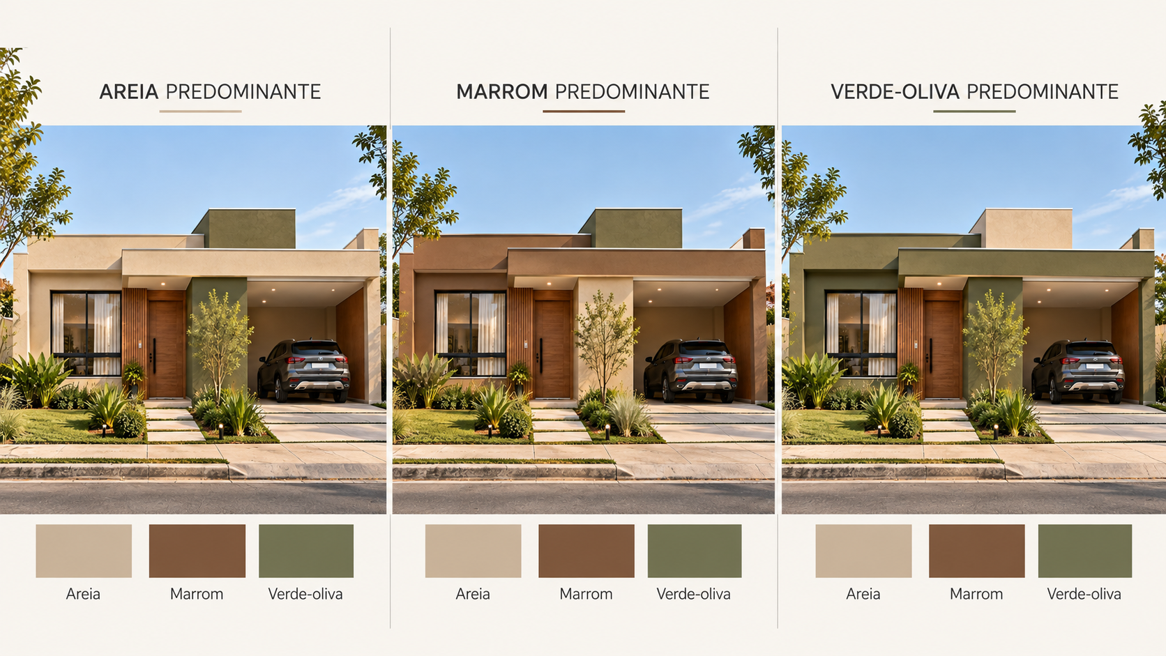 Fachadas em Tons Naturais: Como Combinar Marrom, Areia e Verde 1 Infográfico com três elevações da mesma casa térrea, comparando fachadas com predominância de areia, marrom e verde-oliva.
