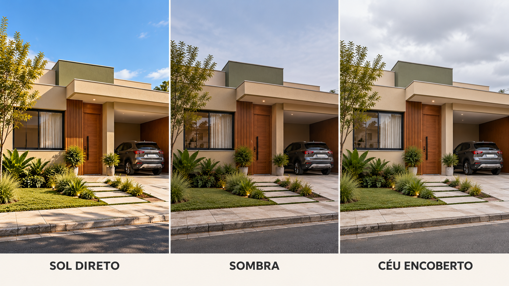 Fachadas em Tons Naturais: Como Combinar Marrom, Areia e Verde 8 Comparativo da mesma fachada em tons areia, marrom e verde-oliva sob sol direto, sombra e céu encoberto, mostrando diferenças de iluminação.