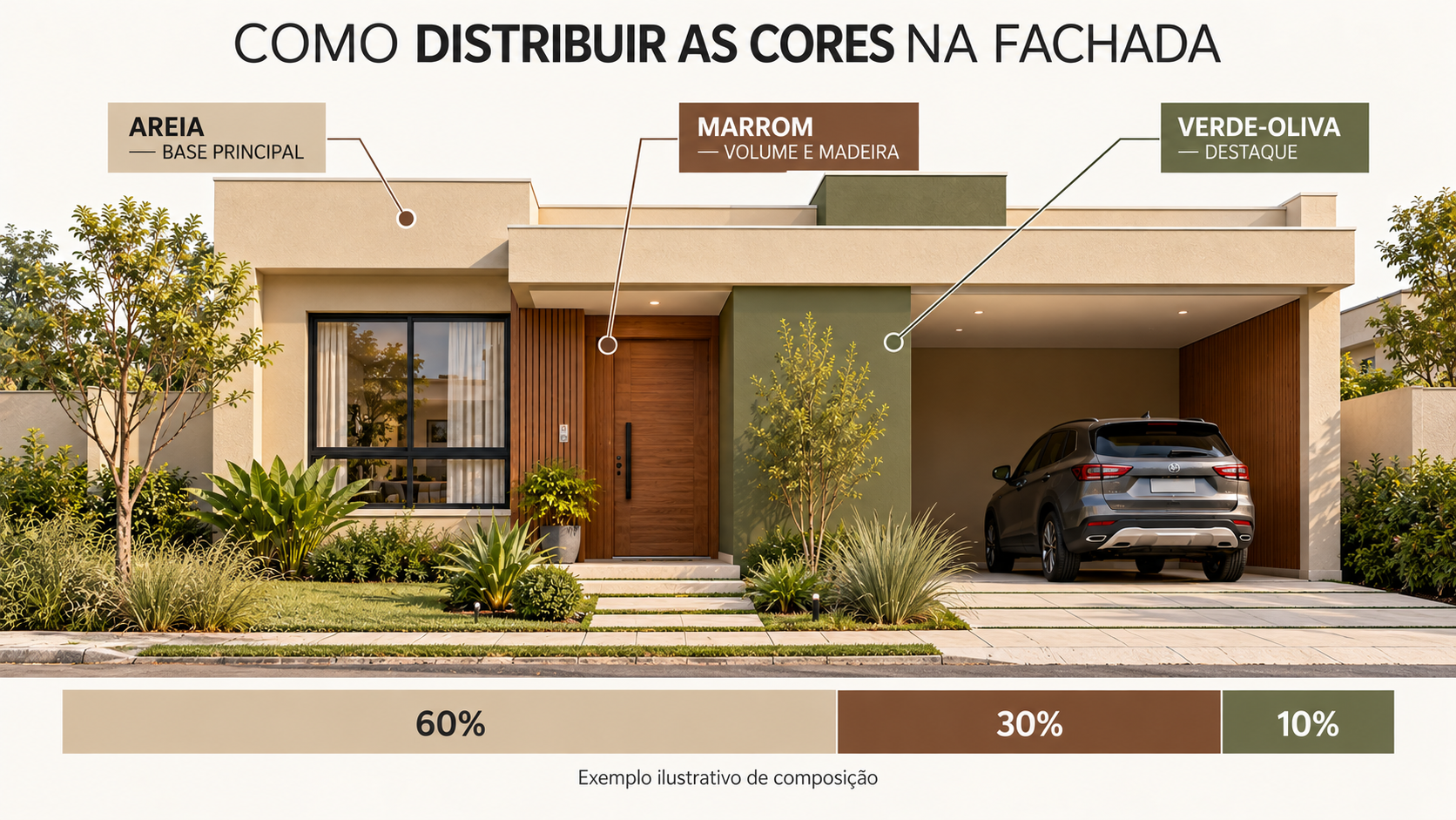 Fachadas em Tons Naturais: Como Combinar Marrom, Areia e Verde 2 Infográfico de fachada térrea mostrando distribuição ilustrativa de 60% areia, 30% marrom e 10% verde-oliva nos planos arquitetônicos.