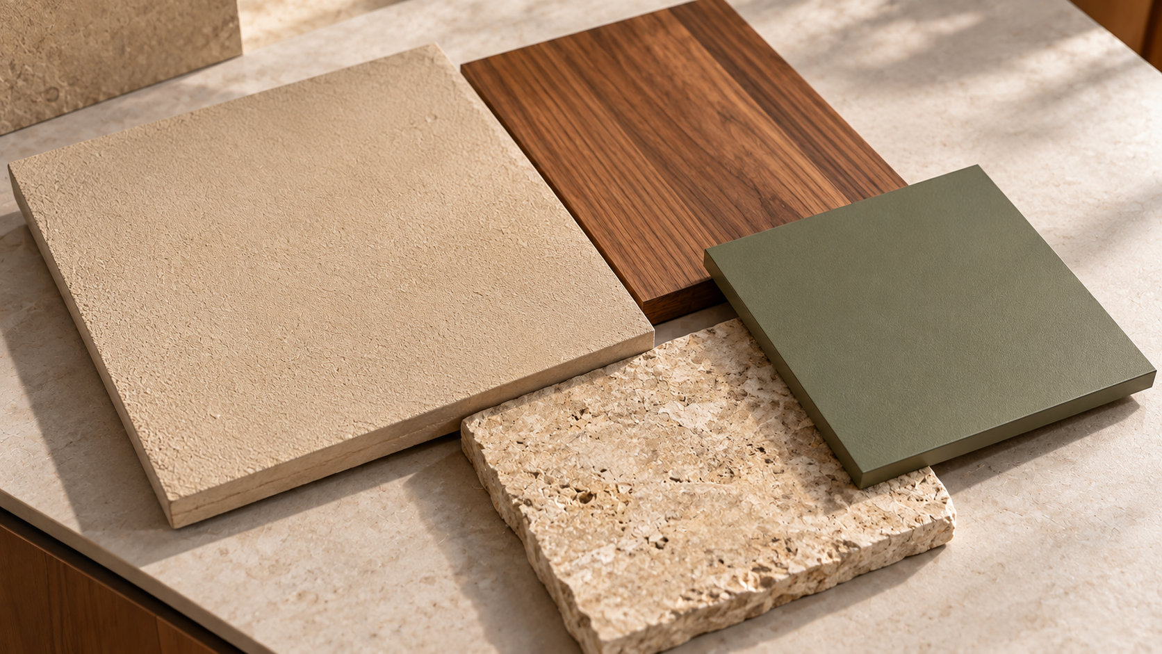 Fachadas em Tons Naturais: Como Combinar Marrom, Areia e Verde 6 Moodboard de materiais para fachadas em tons naturais com amostras de pintura areia, madeira marrom, pedra bege e acabamento verde-oliva.