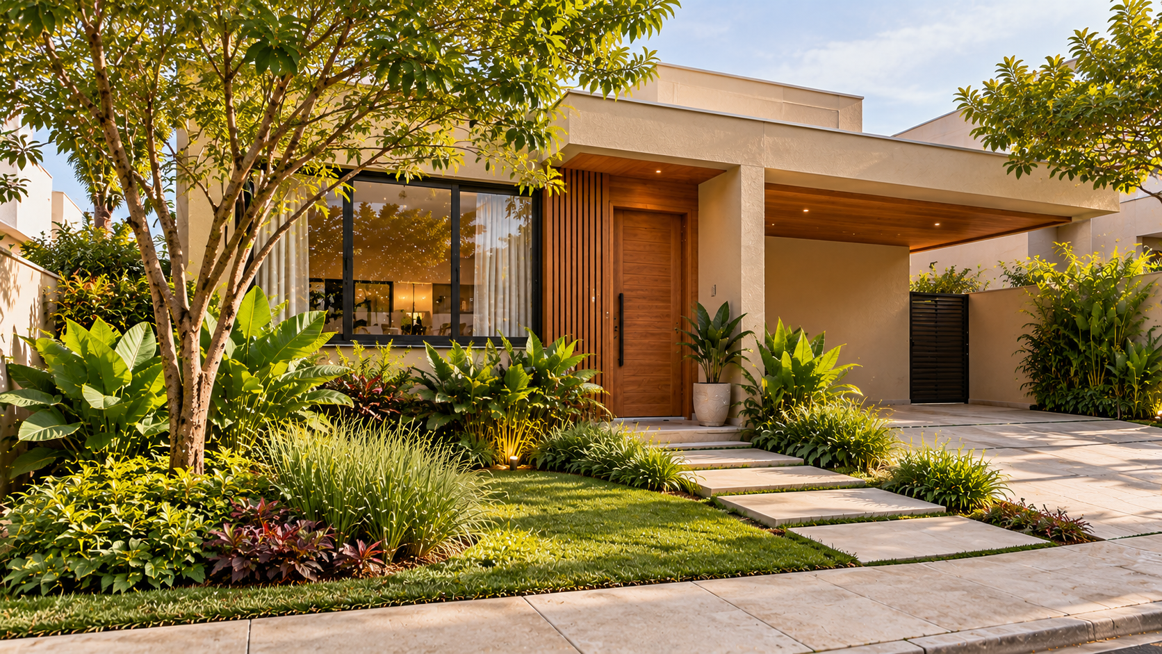 Fachadas em Tons Naturais: Como Combinar Marrom, Areia e Verde 9 Fachada de casa brasileira em tom areia com porta de madeira marrom, jardim frontal tropical e caminho de placas de concreto.