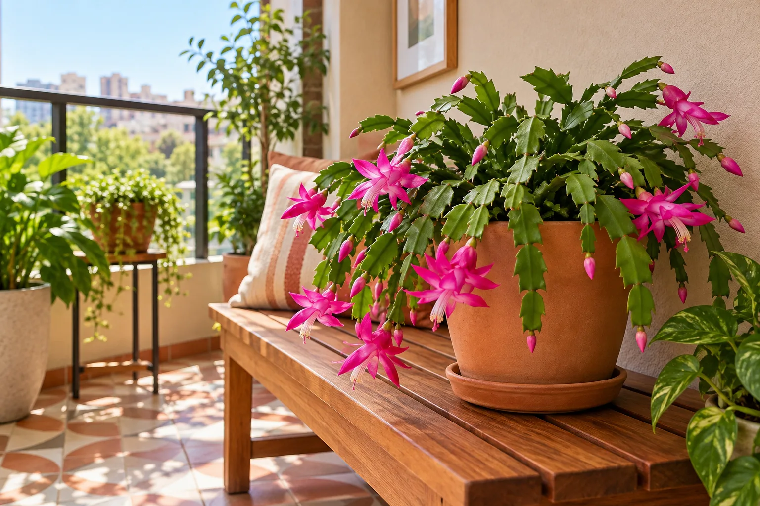 Cactos de sombra: 10 espécies e como cuidar dentro de casa 4 Flor-de-maio com flores rosa-magenta em vaso de terracota sobre banco de madeira, em varanda coberta com luz natural filtrada.