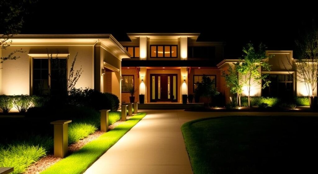 Transforme a Fachada da Sua Casa: Ideias Incríveis para Frentes Modernas que Encantam! 10 Iluminação externa destacando a fachada