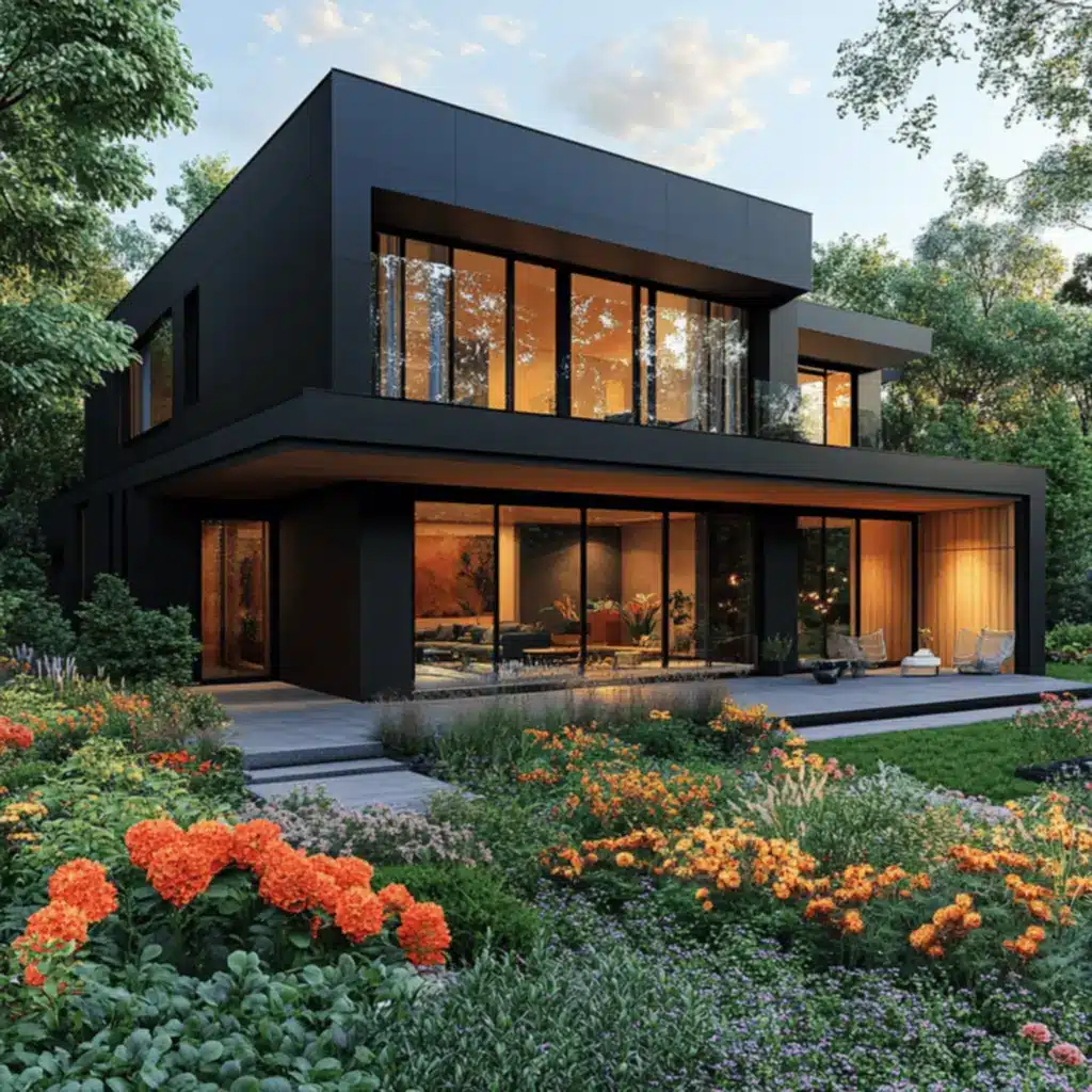 Transforme sua Casa: Segredos do Estilo Moderno com Fachada Preta! 15 Fachada preta com design ousado e sofisticado.