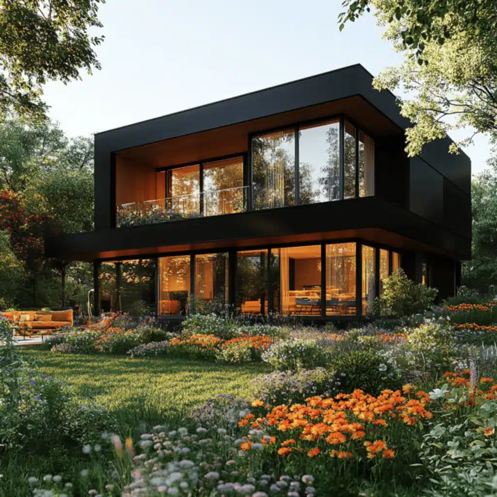 Transforme sua Casa: Segredos do Estilo Moderno com Fachada Preta! 20 Fachada integrando madeira e vidro, trazendo modernidade.