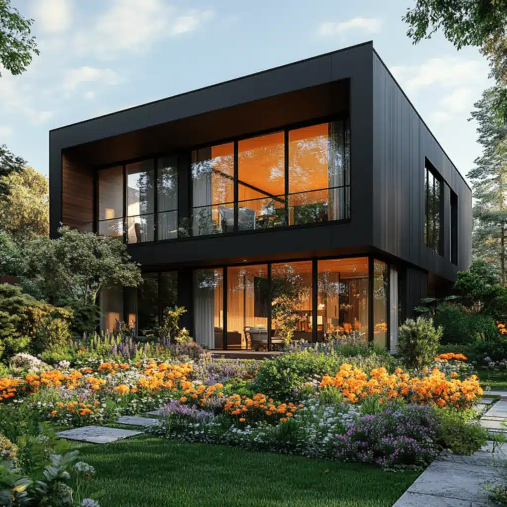 Transforme sua Casa: Segredos do Estilo Moderno com Fachada Preta! 19 Utilização de materiais de alta qualidade na fachada.