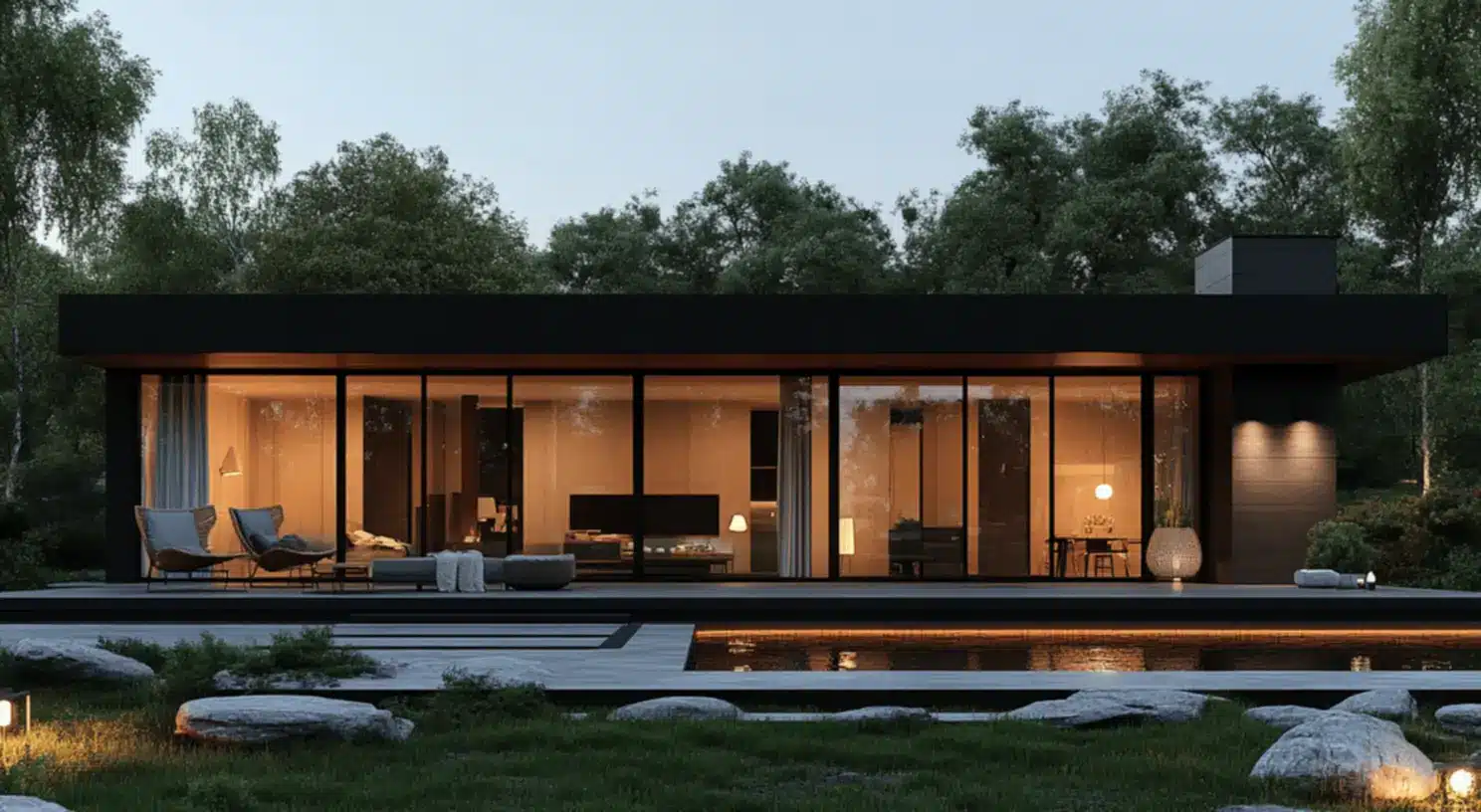 Transforme sua Casa: Segredos do Estilo Moderno com Fachada Preta! 11 Iluminação destacando a beleza da fachada preta.