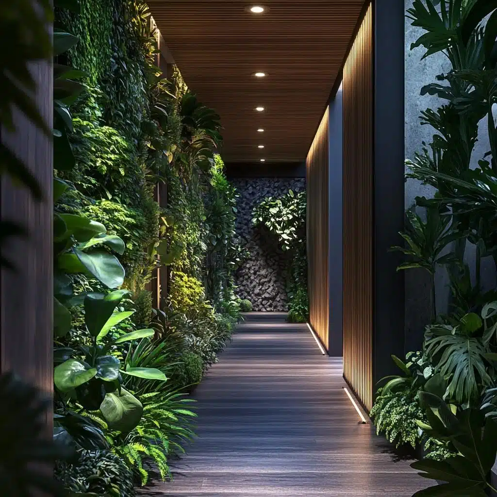 Iluminação de jardim em corredor lateral Jardim lateral estreito com iluminação integrada ao caminho e à vegetação