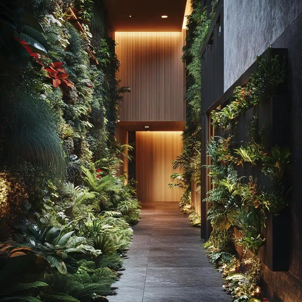 Jardim vertical em corredor lateral estreito Corredor lateral estreito com jardim vertical e caminho livre entre as plantas