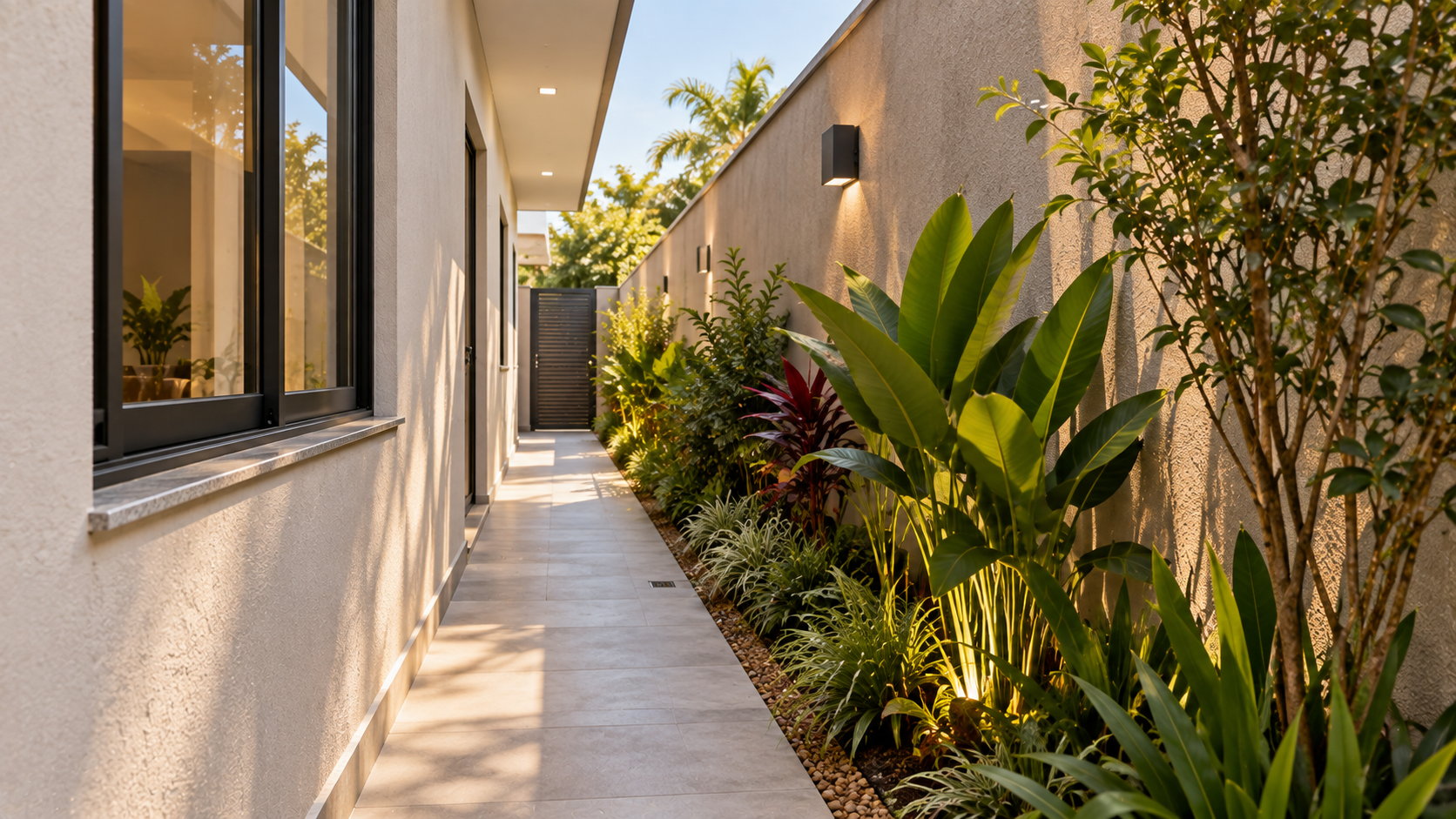 Jardim lateral estreito: como escolher plantas, piso e soluções para o corredor 1 Jardim lateral estreito em corredor externo de casa brasileira