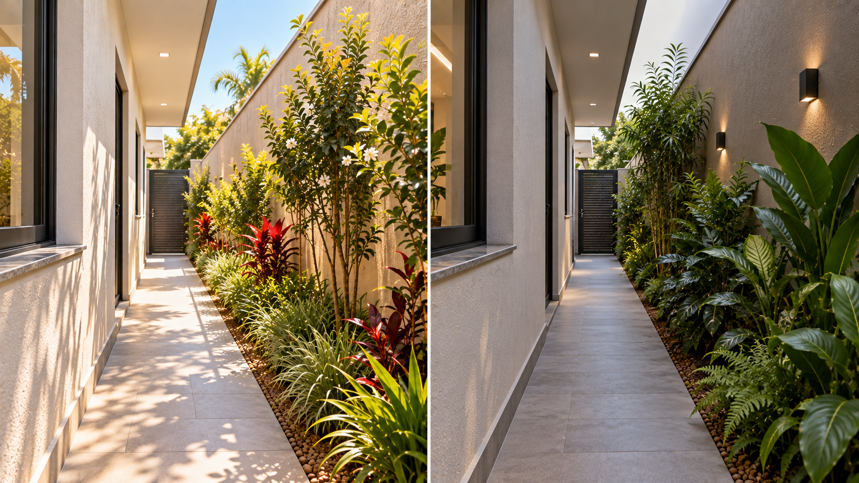 Jardim lateral estreito: como escolher plantas, piso e soluções para o corredor 2 Comparação de jardins laterais com diferentes condições de sol e sombra