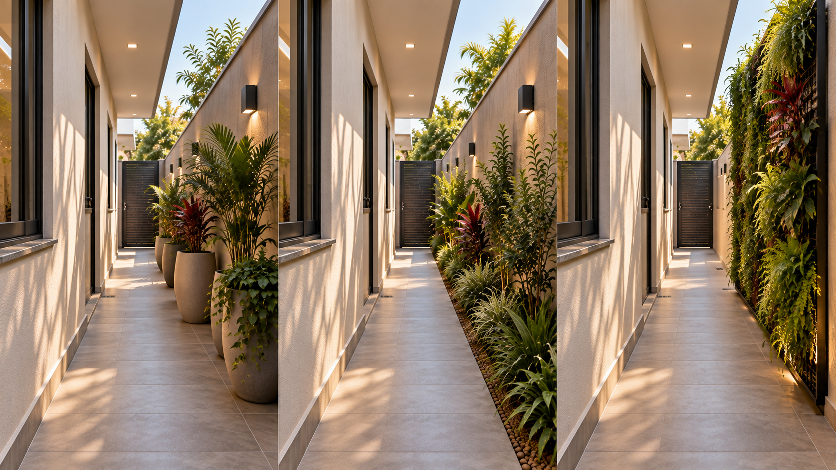Jardim lateral estreito: como escolher plantas, piso e soluções para o corredor 3 Três formas de organizar plantas em um corredor lateral estreito