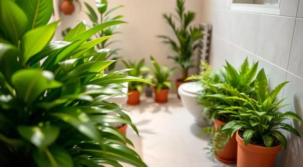Plantas artificiais para banheiro pequeno.