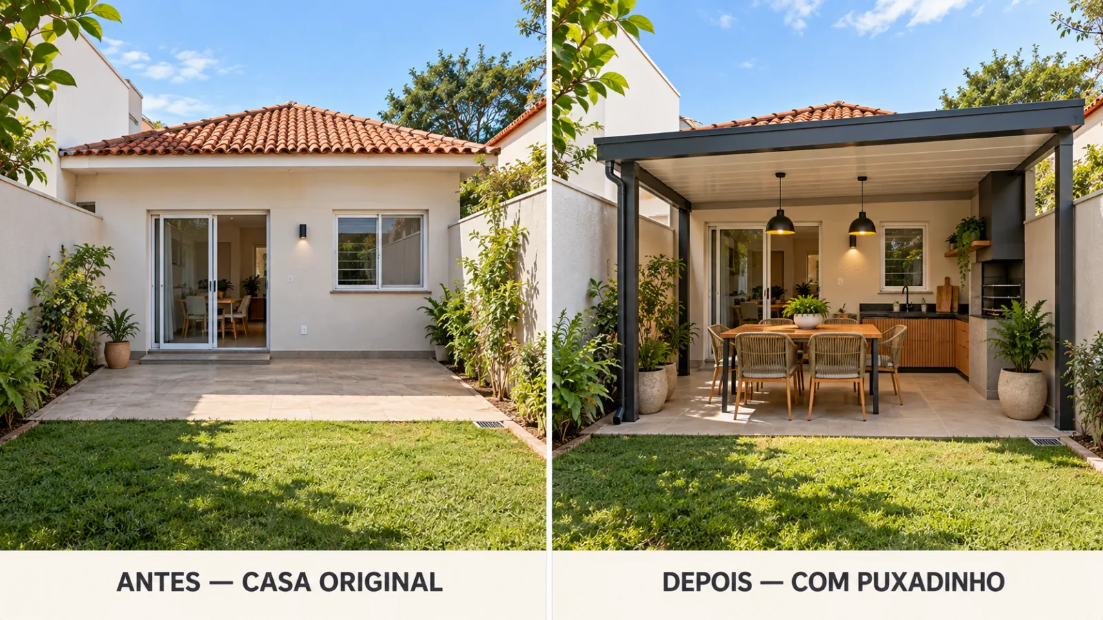 8 ideias de puxadinho para ganhar mais espaço em casa 1 Comparação arquitetônica da mesma casa térrea brasileira antes e depois da construção de um puxadinho coberto nos fundos.