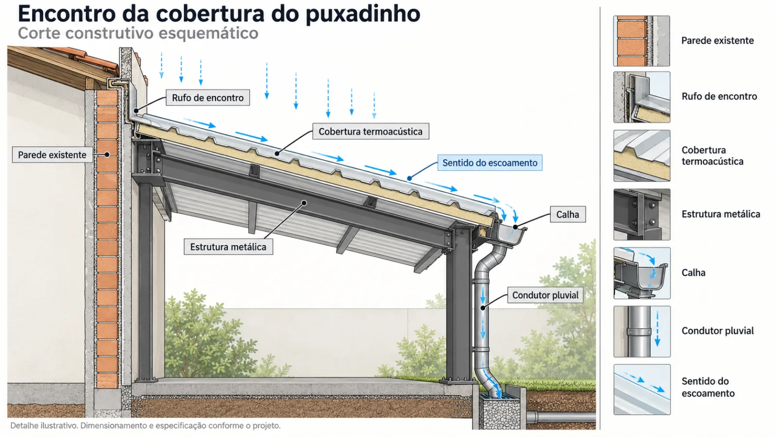 8 ideias de puxadinho para ganhar mais espaço em casa 11 Corte técnico do encontro entre parede existente e cobertura de puxadinho, com rufo metálico, telha termoacústica, calha e condutor pluvial.