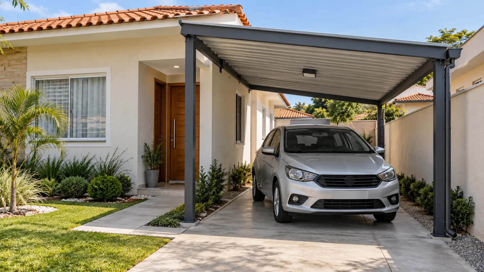 8 ideias de puxadinho para ganhar mais espaço em casa 9 Puxadinho para garagem coberta na lateral de casa térrea brasileira, com estrutura metálica, telhas termoacústicas e carro compacto.